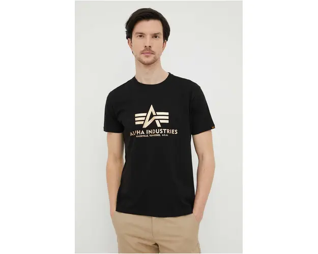 Alpha Industries tricou din bumbac Basic T-Shirt Foil Print culoarea negru, cu imprimeu 100501FP.583-BlackGold