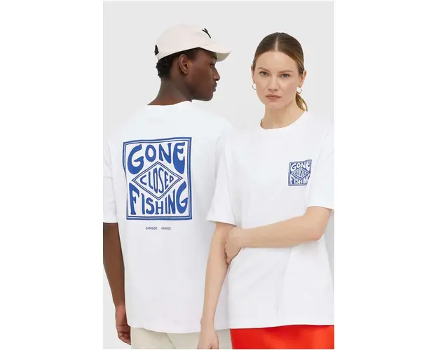 Samsoe Samsoe tricou din bumbac culoarea alb, cu imprimeu