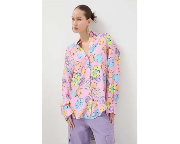 Moschino Jeans camasa femei, culoarea roz, cu guler clasic, relaxed