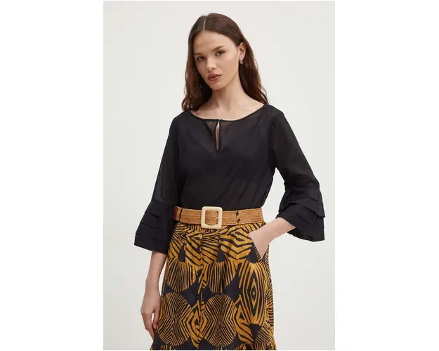 Sisley bluza din bumbac femei, culoarea negru, neted