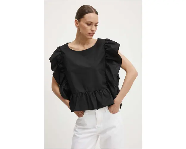 Sisley bluza din bumbac femei, culoarea negru, neted