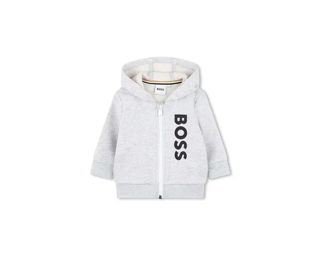 BOSS bluza bebe culoarea gri, cu gluga, cu imprimeu