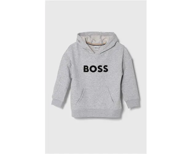 BOSS bluza copii culoarea gri, cu gluga, cu imprimeu