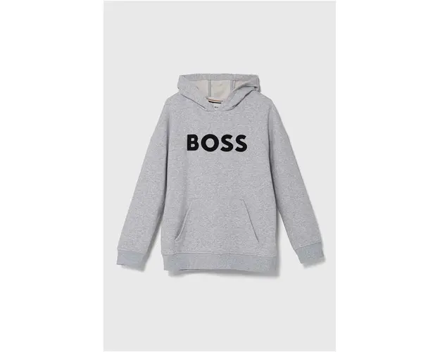 BOSS bluza copii culoarea gri, cu gluga, cu imprimeu