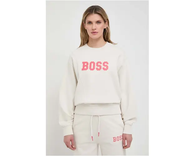 BOSS Orange hanorac de bumbac femei, culoarea bej, cu imprimeu 50518009