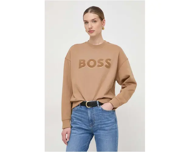BOSS hanorac de bumbac femei, culoarea bej, cu imprimeu 50508499