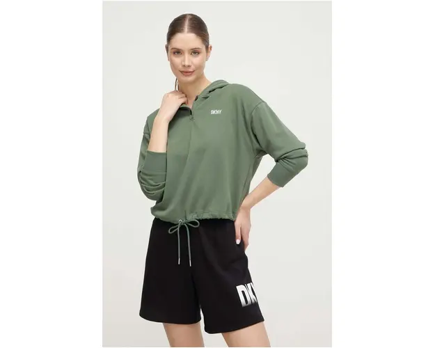 Dkny bluza femei, culoarea verde, cu gluga, cu imprimeu