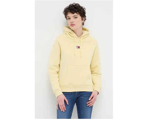 Tommy Jeans hanorac de bumbac femei, culoarea galben, cu gluga, imprimeu DW0DW17326