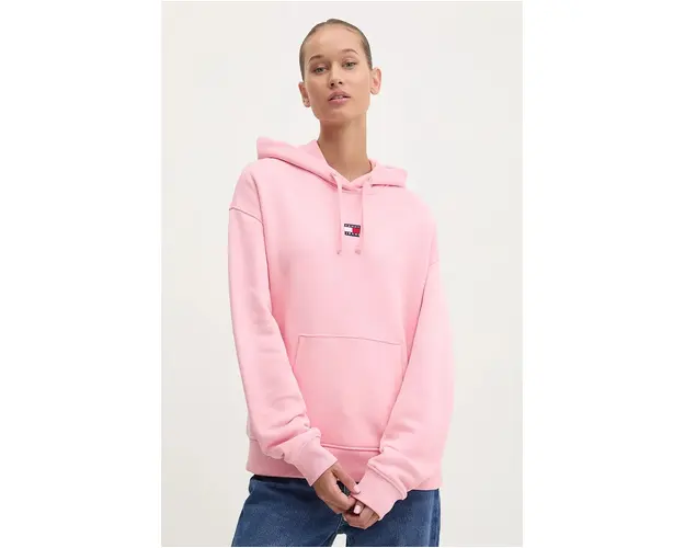 Tommy Jeans hanorac de bumbac femei, culoarea roz, cu gluga, cu imprimeu