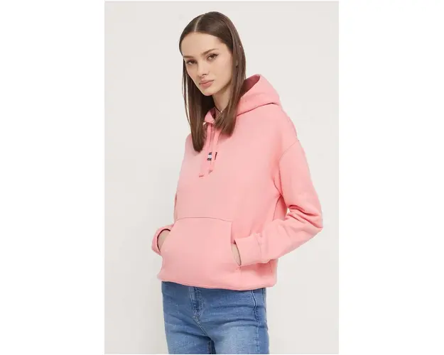 Tommy Jeans hanorac de bumbac femei, culoarea roz, cu gluga, imprimeu DW0DW17326