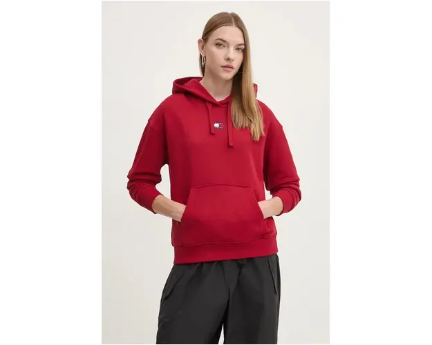 Tommy Jeans hanorac de bumbac femei, culoarea bordo, cu gluga, cu imprimeu, DW0DW17326