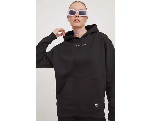 Tommy Jeans hanorac de bumbac femei, culoarea negru, cu gluga, imprimeu DW0DW17329