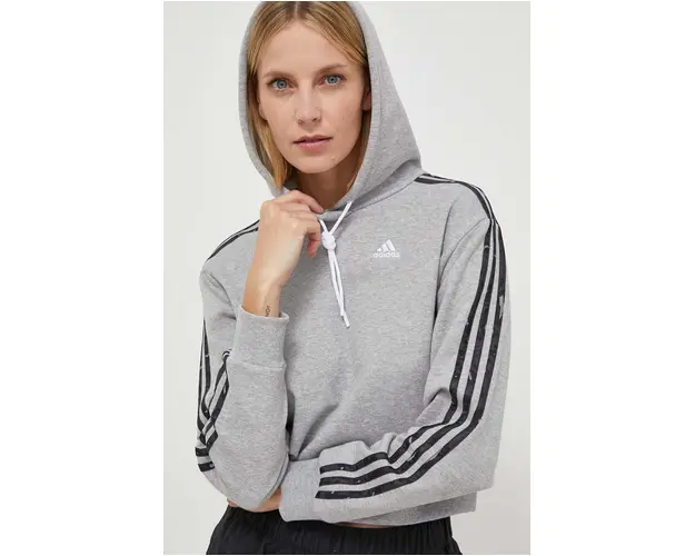 adidas hanorac de bumbac femei, culoarea gri, cu gluga, cu imprimeu IN9931