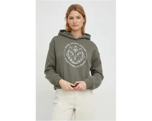Pepe Jeans hanorac de bumbac HARIA femei, culoarea verde, cu gluga, cu imprimeu