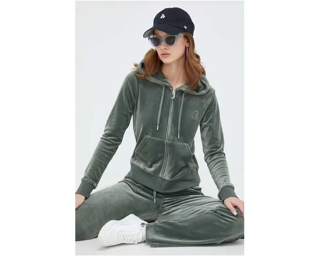 Juicy Couture bluza din velur culoarea verde, cu gluga, neted