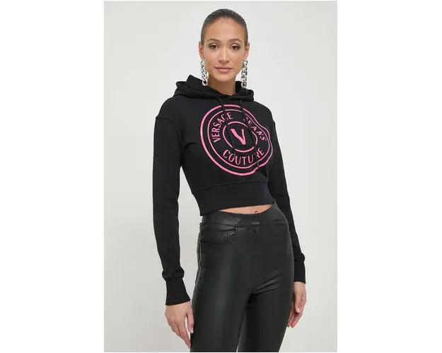 Versace Jeans Couture hanorac de bumbac femei, culoarea negru, cu gluga, cu imprimeu