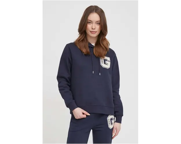 Gant bluza femei, culoarea albastru marin, cu gluga, cu imprimeu