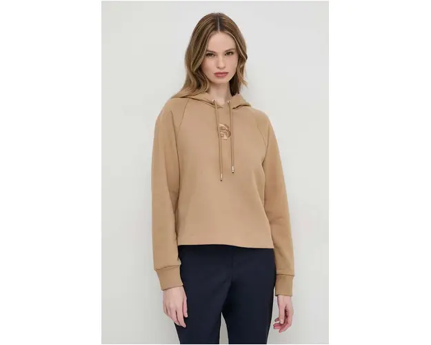 BOSS hanorac de bumbac femei, culoarea bej, cu gluga, imprimeu 50516123