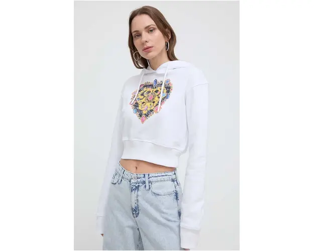 Versace Jeans Couture hanorac de bumbac femei, culoarea alb, cu gluga, cu imprimeu