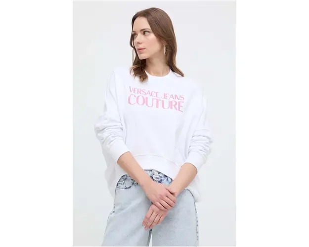 Versace Jeans Couture hanorac de bumbac femei, culoarea alb, cu gluga, cu imprimeu