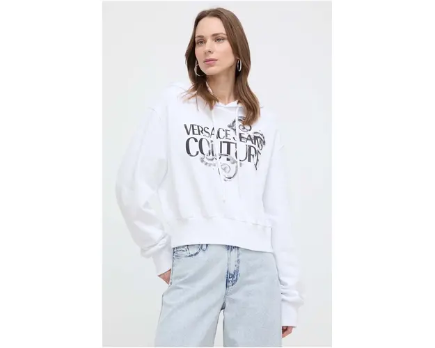 Versace Jeans Couture hanorac de bumbac femei, culoarea alb, cu gluga, cu imprimeu