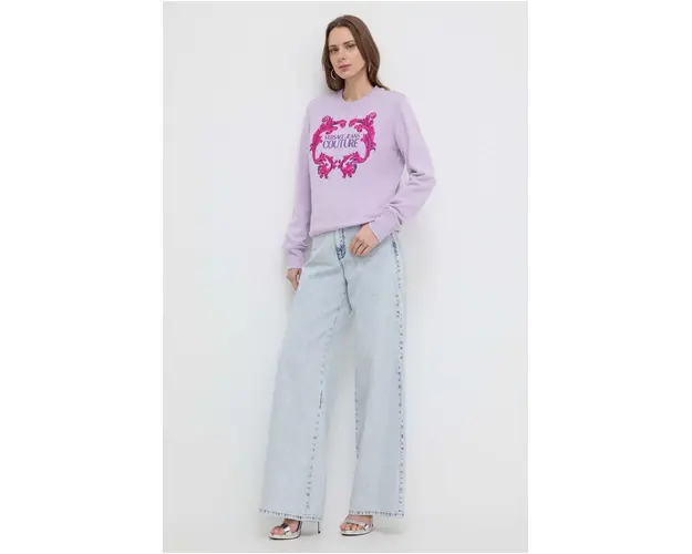 Versace Jeans Couture hanorac de bumbac femei, culoarea violet, cu imprimeu