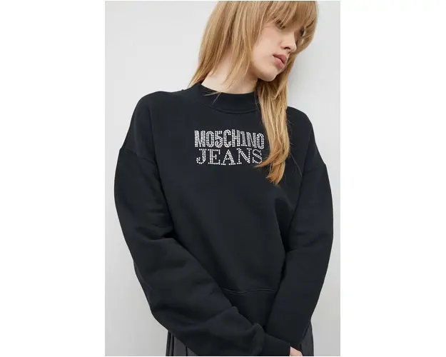 Moschino Jeans hanorac de bumbac femei, culoarea negru, cu imprimeu