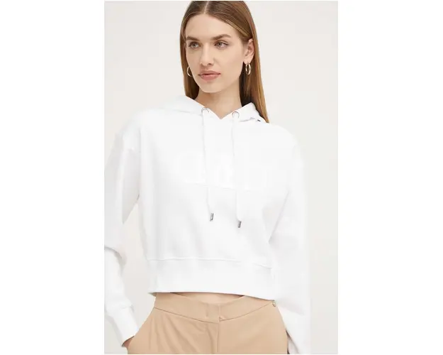 MICHAEL Michael Kors hanorac de bumbac femei, culoarea alb, cu gluga, cu imprimeu