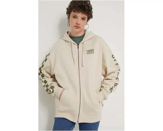 Vans bluza femei, culoarea bej, cu gluga, cu imprimeu