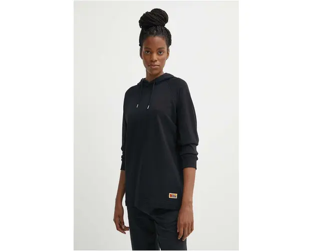 Fjallraven hanorac de bumbac Vardag Hoodie femei, culoarea negru, cu gluga, neted, F86987