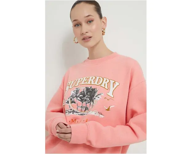 Superdry bluza femei, culoarea roz, cu imprimeu