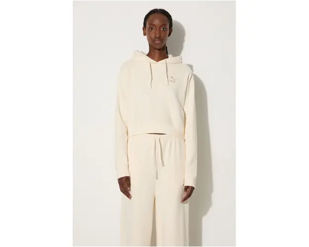 Puma hanorac de bumbac BETTER CLASSIC femei, culoarea bej, cu gluga, cu imprimeu, 624229