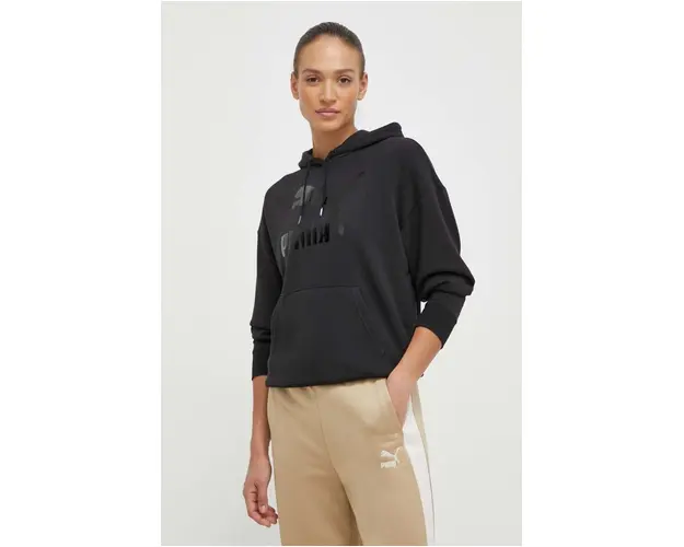 Puma bluza CLASSICS Shiny Logo Hoodie femei, culoarea negru, cu gluga, imprimeu, 625595