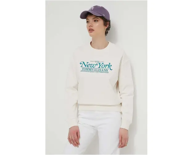 Tommy Jeans hanorac de bumbac femei, culoarea bej, cu imprimeu DW0DW17786