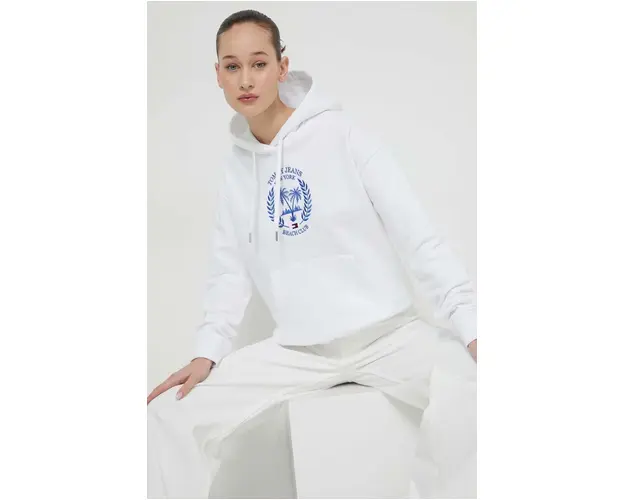 Tommy Jeans bluza femei, culoarea alb, cu gluga, imprimeu DW0DW17792