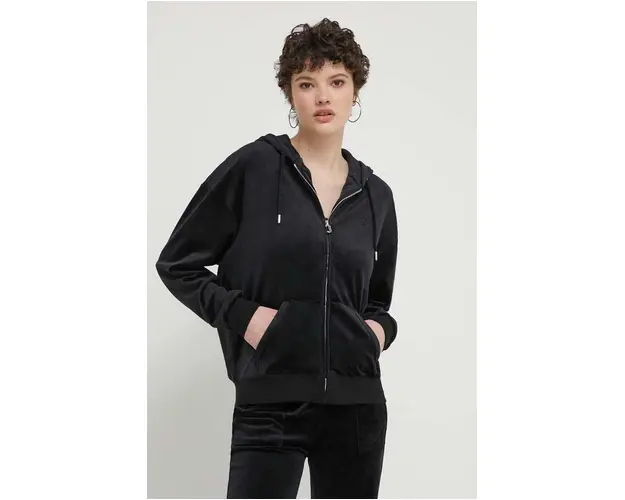 Juicy Couture bluza din velur culoarea negru, cu gluga, cu imprimeu