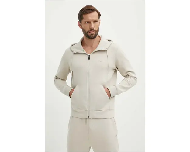 Boss Green bluza barbati, culoarea bej, cu gluga, neted