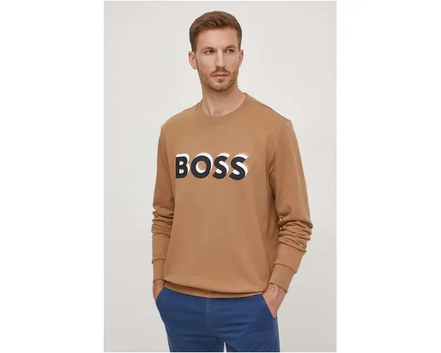 BOSS hanorac de bumbac barbati, culoarea bej, cu imprimeu 50507939