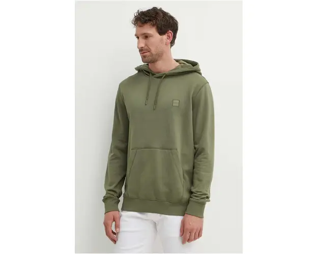 Boss Orange hanorac de bumbac barbati, culoarea verde, cu gluga, neted, 50509314