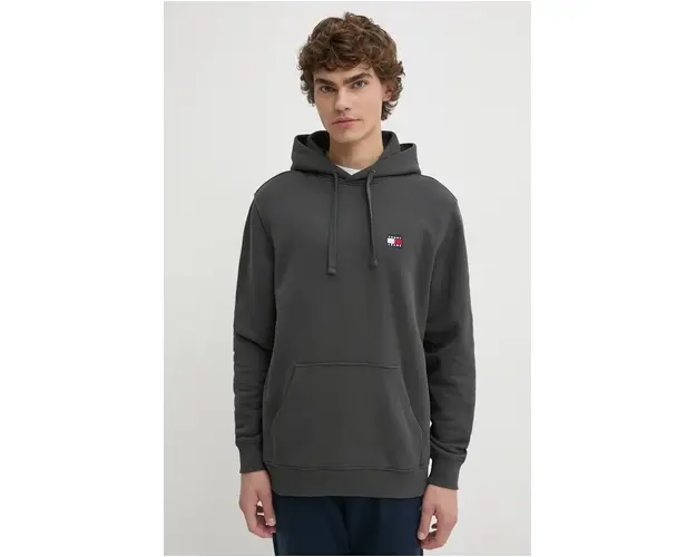 Tommy Jeans hanorac de bumbac barbati, culoarea gri, cu gluga, neted, DM0DM17988