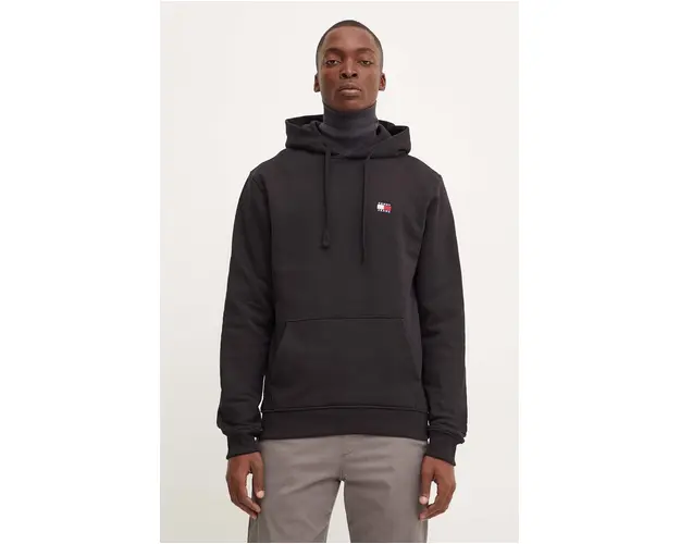 Tommy Jeans hanorac de bumbac barbati, culoarea negru, cu gluga, neted, DM0DM17988