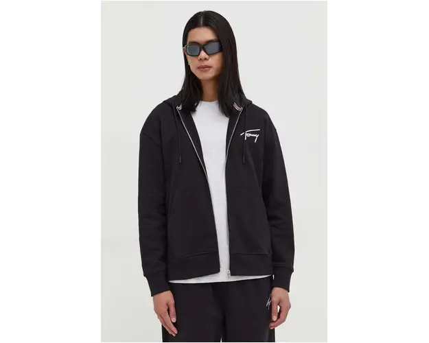 Tommy Jeans hanorac de bumbac barbati, culoarea negru, cu gluga, uni DM0DM18402