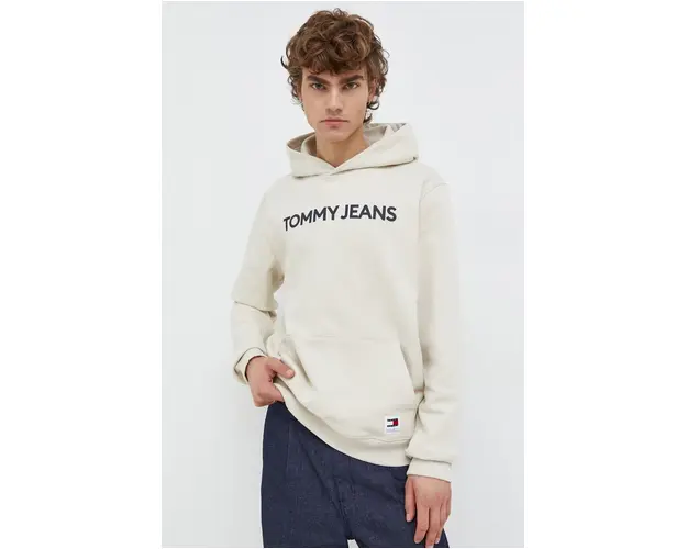 Tommy Jeans hanorac de bumbac barbati, culoarea bej, cu gluga, imprimeu DM0DM18413