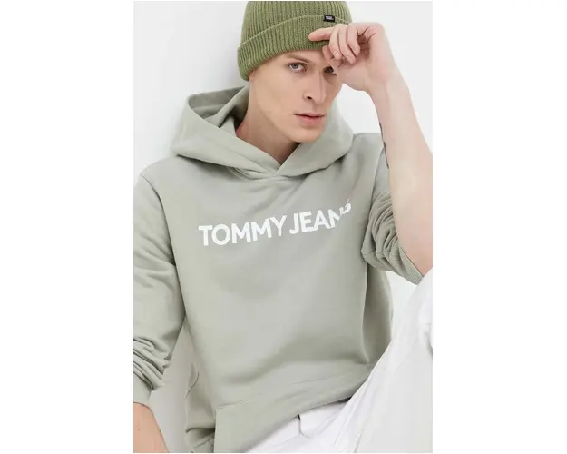 Tommy Jeans hanorac de bumbac barbati, culoarea verde, cu gluga, imprimeu DM0DM18413
