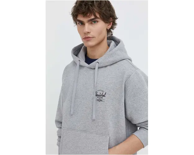 Herschel hanorac de bumbac barbati, culoarea gri, cu gluga, cu imprimeu