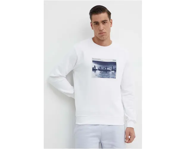 Pepe Jeans hanorac de bumbac RIKU barbati, culoarea alb, cu imprimeu, PM582662