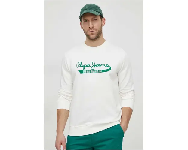 Pepe Jeans hanorac de bumbac barbati, culoarea alb, cu imprimeu