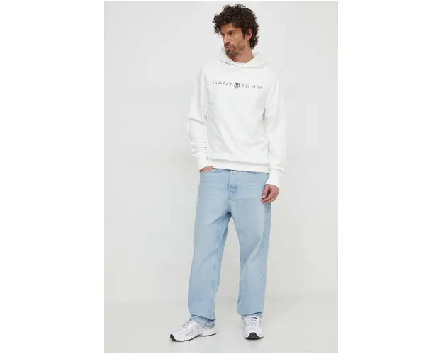 Gant bluza barbati, culoarea alb, cu gluga, cu imprimeu