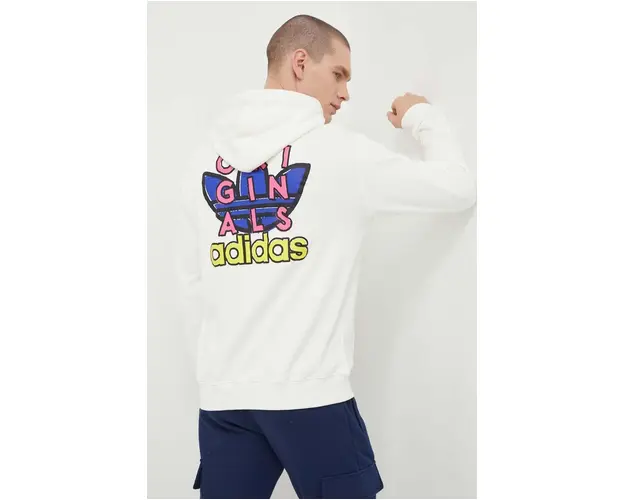adidas Originals hanorac de bumbac barbati, culoarea bej, cu gluga, cu imprimeu IS2916
