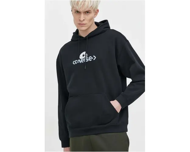 Converse bluza culoarea negru, cu gluga, cu imprimeu